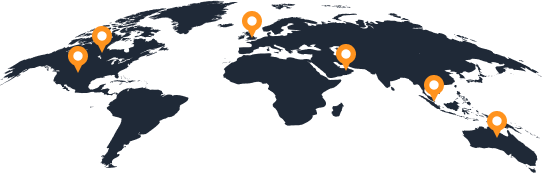World map illustration with orange location points in the USA, Canada, UK, UAE, Singapore, and Australia, symbolizing Leads4Talent's international services.